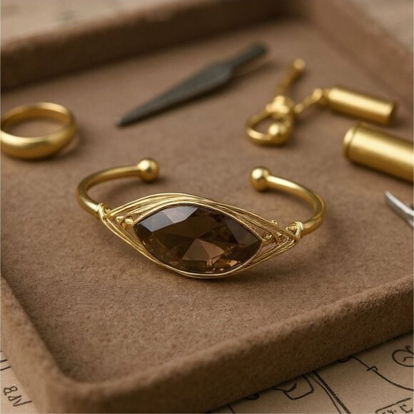 Smoky Quartz ✦ Leaf Wire Wrap Cuff ✦ 14Kt Gold Over Copper w/ Sculptural Crystal - Picture 1 of 12